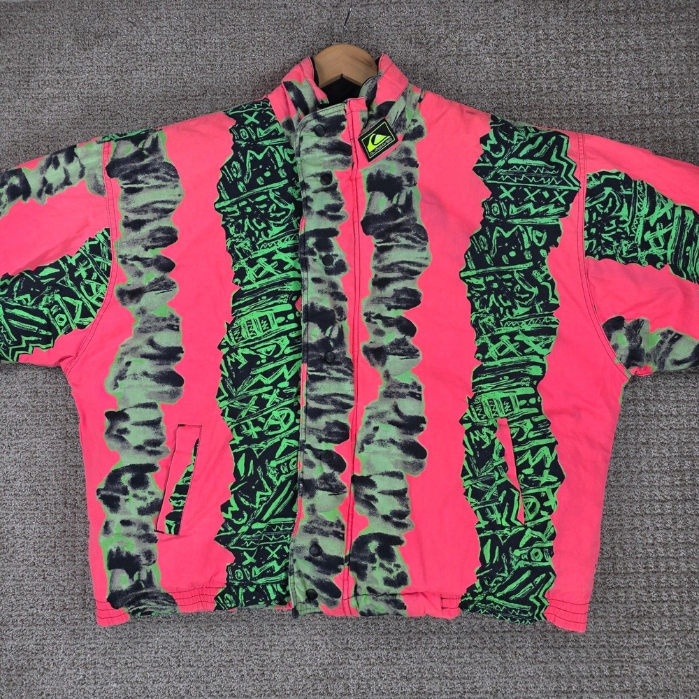 Vintage Quiksilver Mens Neon Pink Green Abstract Print Full Zip Jacket XL Puffer - Picture 2 of 16
